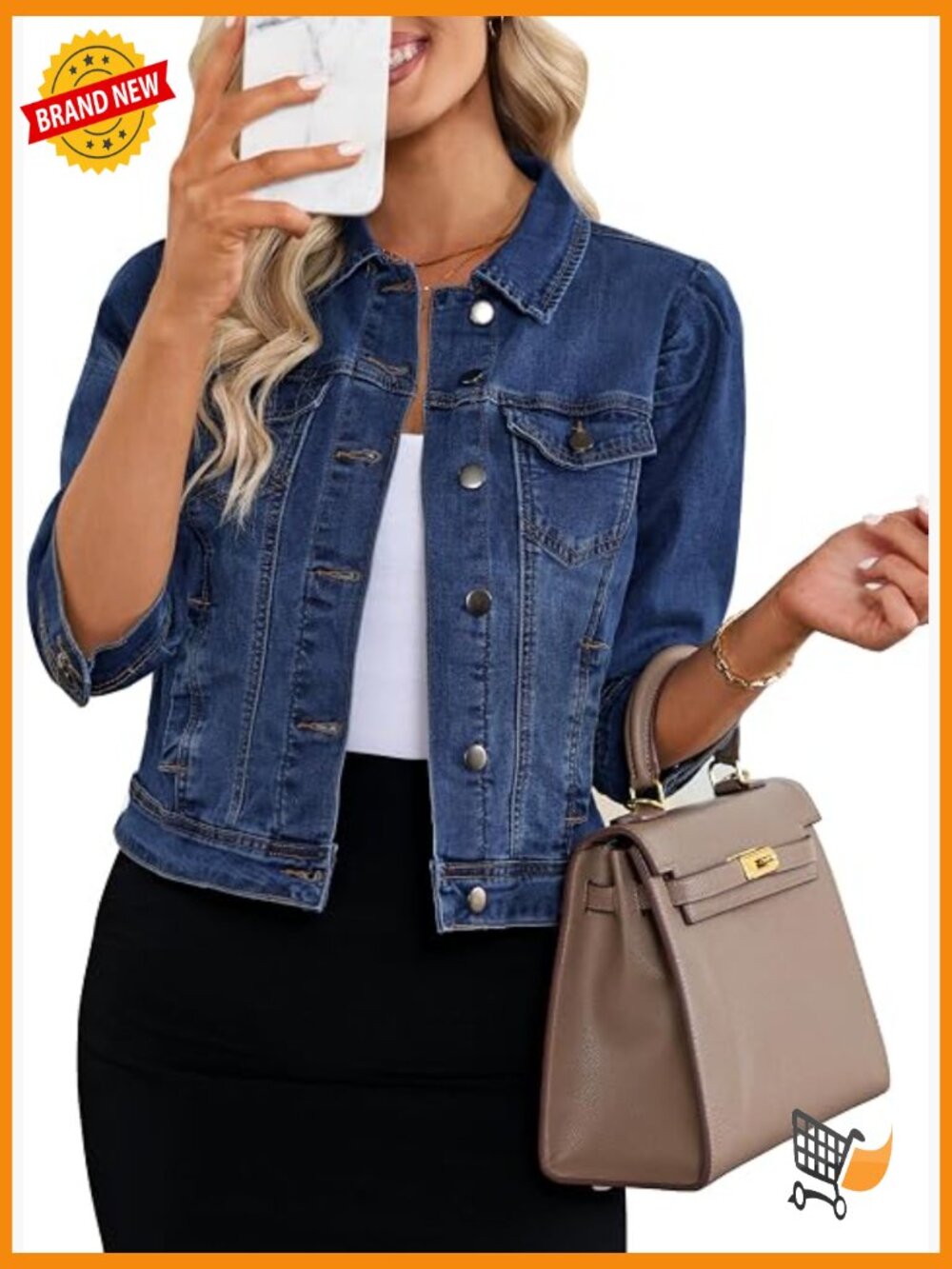 Cropped Denim Jacket with Puff Sleeves & Pockets